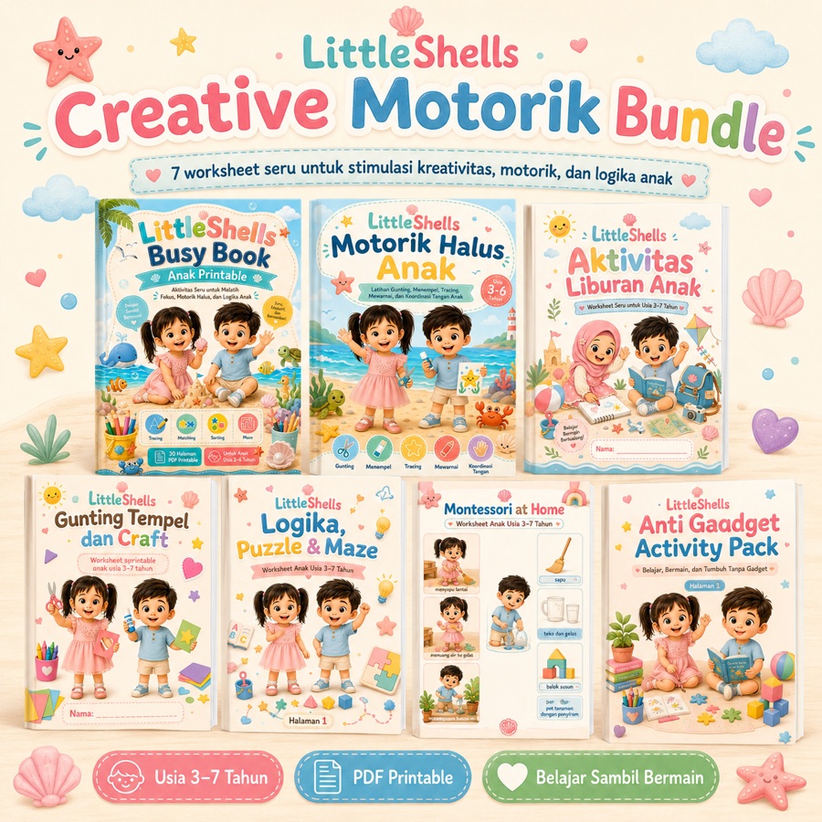 Isi lengkap tujuh buku dalam LittleShells Creative Motorik Bundle