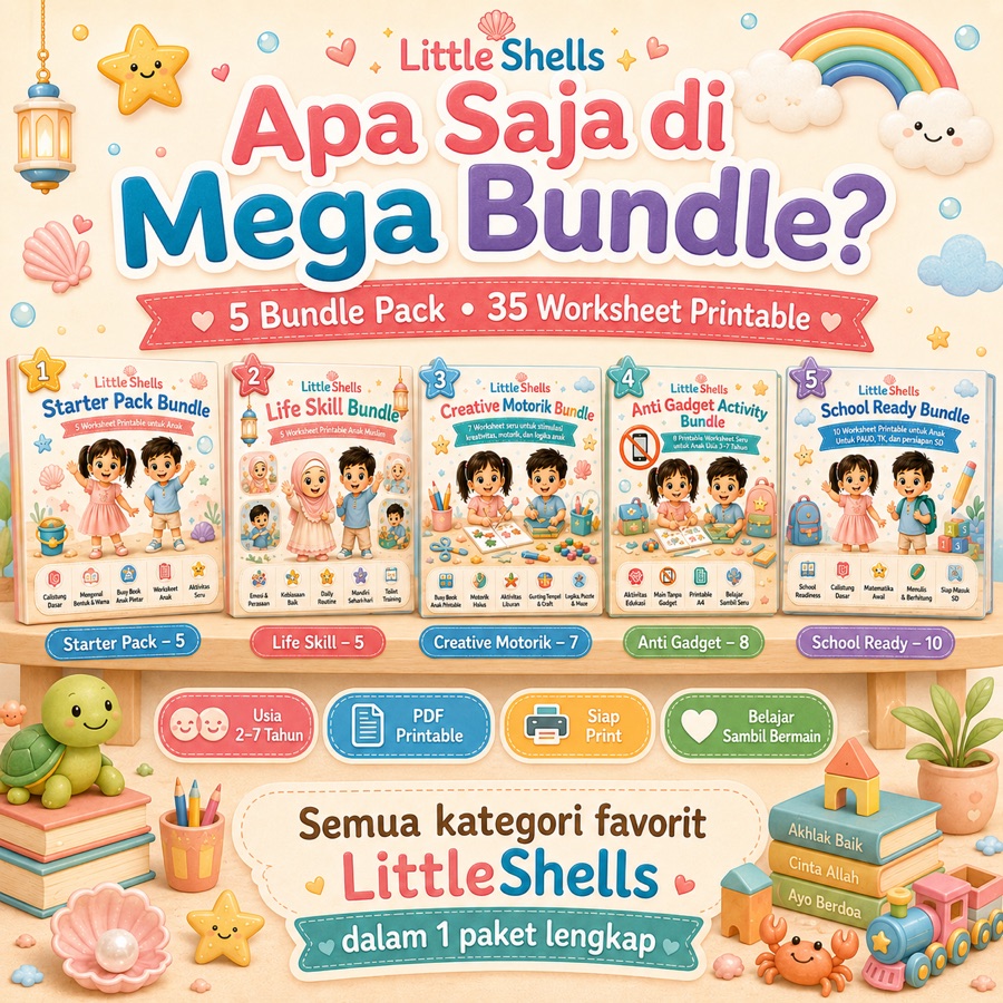 Isi Mega Bundle berupa lima bundle pack dan tiga puluh lima worksheet printable