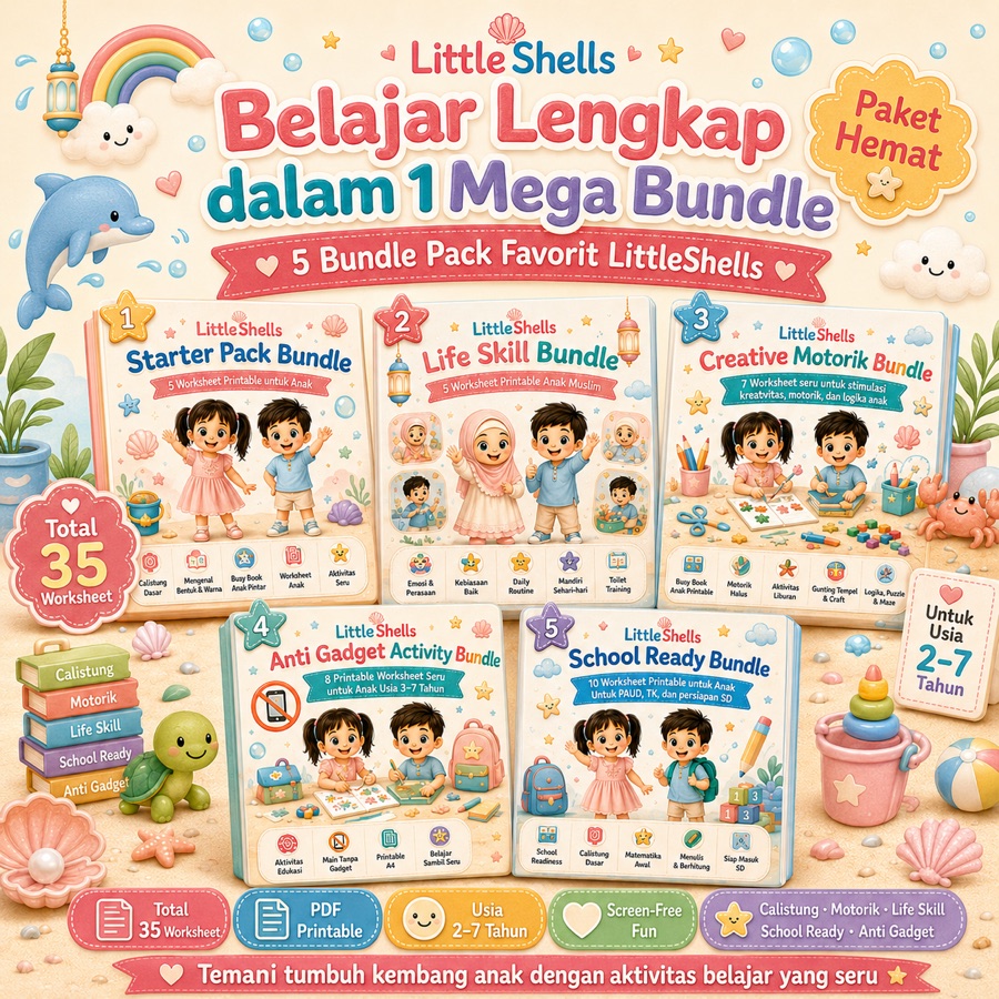 Paket hemat Mega Bundle dengan tiga puluh lima worksheet printable untuk anak usia dua sampai tujuh tahun